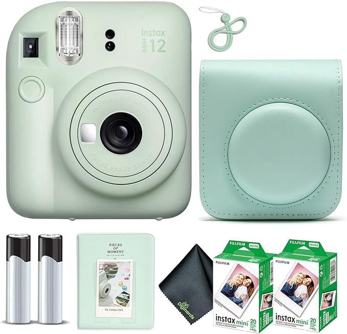 Fujifilm Instax Mini 12 Instant Camera Mint Green Bundle with Fuji Instax Mini Film Value Pack (40 Sheets) + Protective Carrying Case + Photo Album + Microfiber Cleaning Cloth