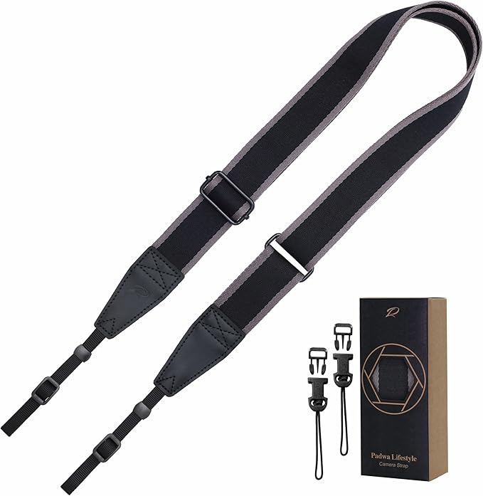Padwa Lifestyle Adjustable Camera Strap - 1.5" Full Grain Leather Ends Camera Straps for Photographers, Adjustable Neck Shoulder & Crossbody Cotton Strap Quick Release for Cameras and Binoculars