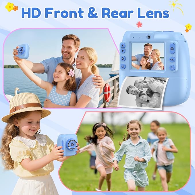 Kids Camera Instant Print, 2.4 Inch Screen Kids Instant Cameras, 1080P Video Recording, Christmas Birthday for Girls Age 3-12, with 3 Rolls Print Paper & 32GB Card, Blue