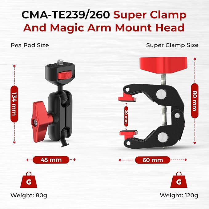 REFLEX CAMERA Super Clamp & Magic Arm Mount with Double Ball Head – 2kg Load Capacity, 1/4” & 3/8” Screw, Adjustable for Monitors, LED Lights, Mics, Smartphone, Gopro - Flexible & Durable