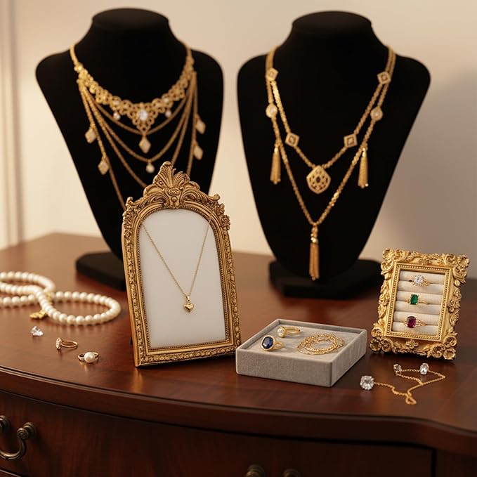 2 Pcs Vintage Jewelry Tray Set, Vintage Necklace Organizer with Velvet Backing and Ring Holder, Gold Ring Display Stand Frame, for Selling, Baroque Trinket Storage Dish Gifts for Women Wedding