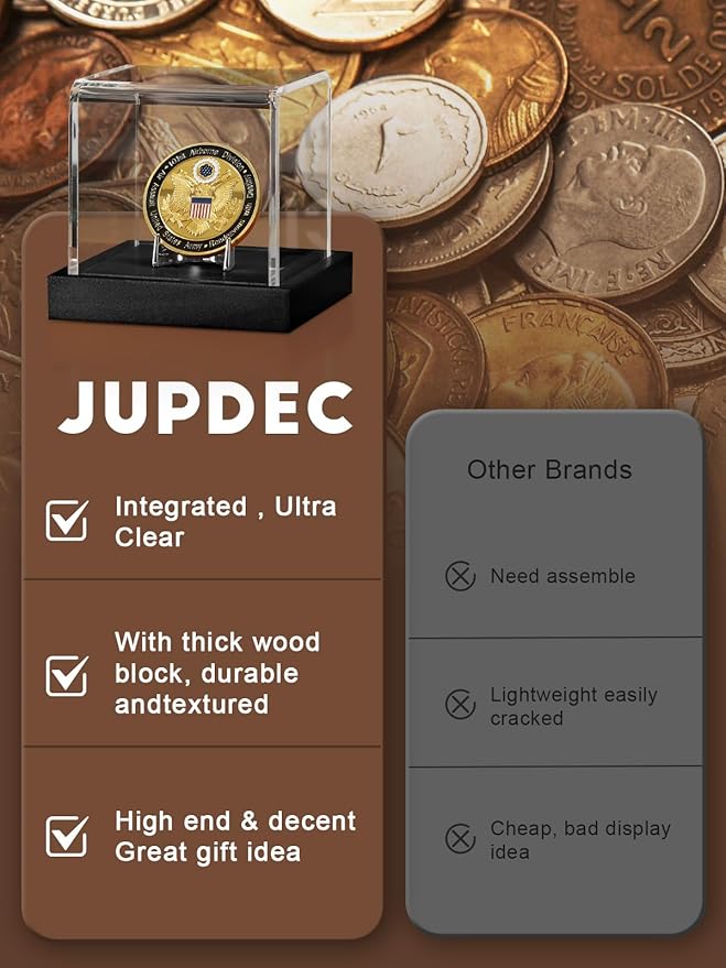 JupDec Coin Display Case, Clear Acrylic Showcase with Wood Base & Alloy Holder for Single Challenge Coin, UV Protection Souvenirs and Collectibles Box, Ideal Gift for Coin Fans, Black