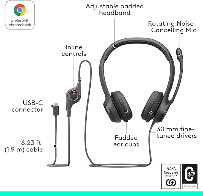 Logitech H391 Wired Headset for PC/Laptop, Stereo Headphones with Noise Canceling Microphone, USB-C, in-Line Controls, Works with Chromebook - Graphite