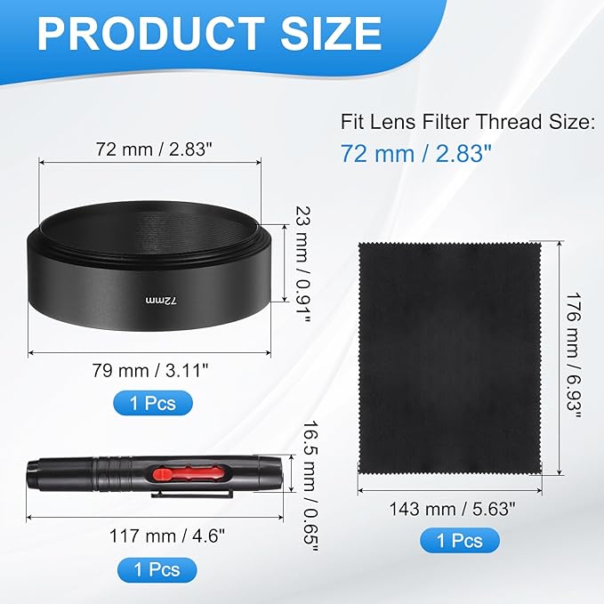 PATIKIL Lens Hood Shade, 72mm Mid-Focus Mount Standard Screw-in Metal Camera Cap Shade with Cleaning Cloth and Cleaning Pen, Black