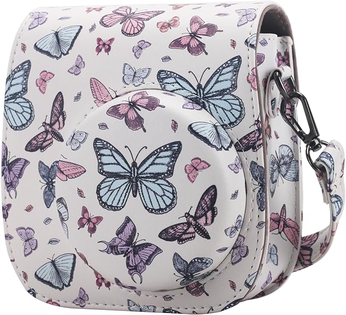 Frankmate Protective Case Fit for Fujifilm Instax Mini 12 11 9 8 Camera, PU Leather Camera Bag with Pocket and Adjustable Shoulder Strap (Big Small Butterfly)
