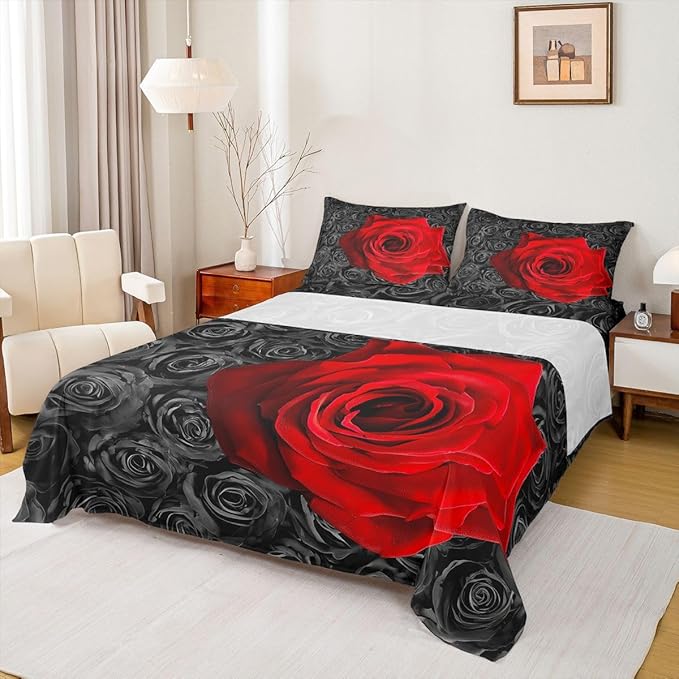Erosebridal Red and Black Rose Sheet Set - Twin Valentine's Day Bedding for Women - Rose Print Fitted Sheet with Blossom Flowers - 3 Pcs with 1 Pillowcase