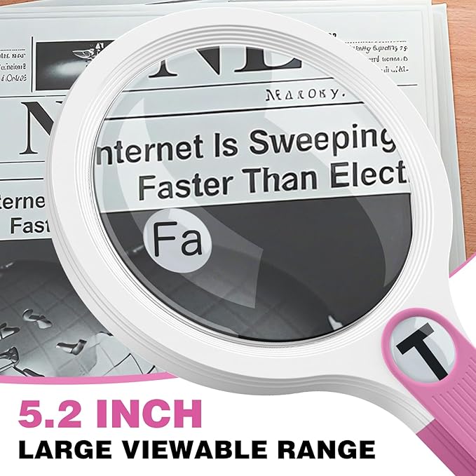 GUOUBUO Rechargeable Large 5.2'' Magnifying Glass with Light, 10X 20X 45X Handheld Magnifying Glasses for Reading, 3 Lighted Modes Non-Slip Handle Magnifier for Seniors Close Work Coins Jewelry Hobby