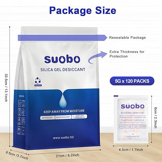 Silica Gel Packets, 5 Gram 120 Packs Moisture Absorbers for Food Grade, Desiccant Packs for Storage with Color Indicating, Rechargeable Silica Packets for Food Storage, Shoe Boxes, 3D Filaments, Safes
