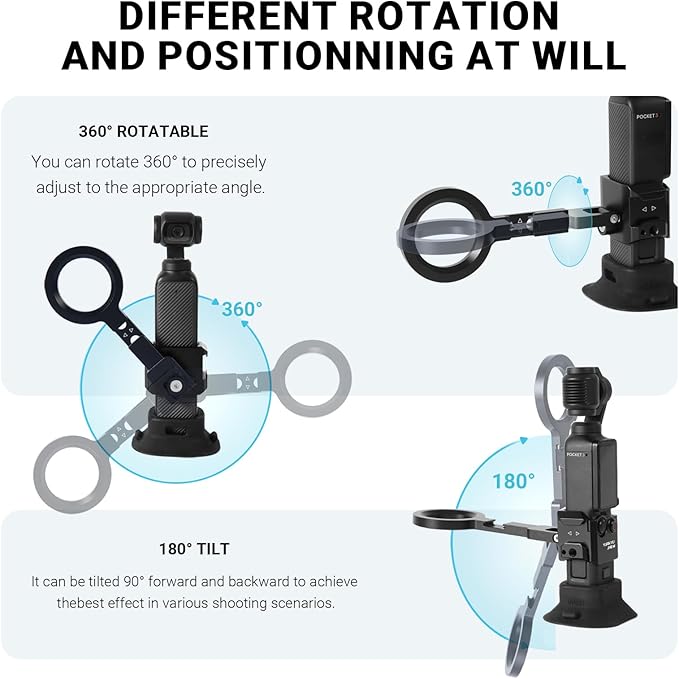 YUANYU Metal Magnetic Mount Cage Non-Slip Silicone Suction Base Mount for Pocket 3 with 360° Rotating Strong Magnetic Mount for DJI Pocket 2/3 Dual Cold Shoe Adapter Compatible with All iPhones