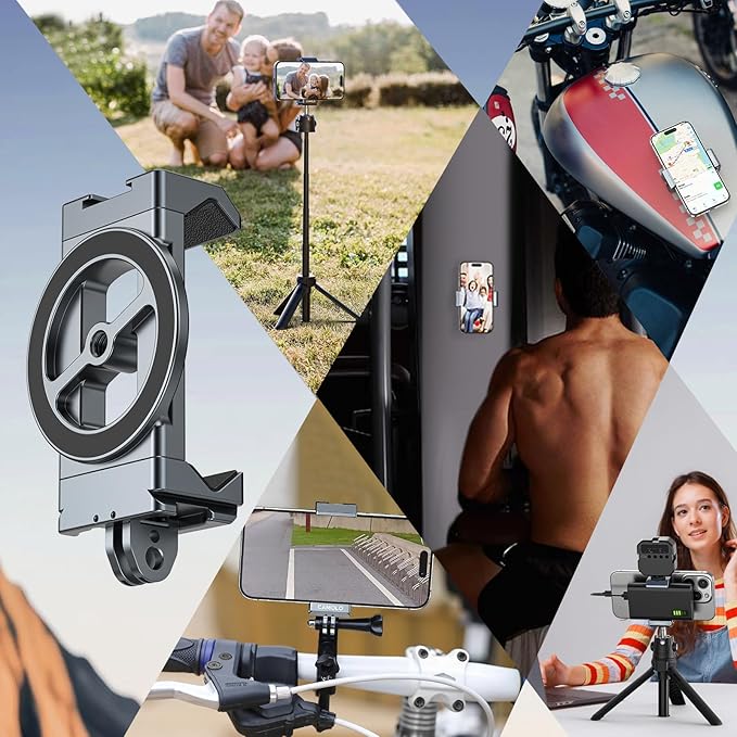 Metal Phone Tripod Mount with Arca Port & Magnetic 1/4"-20 Action Camera Adapter, Adjustable Smartphone Tripod Adapter Clamp Cell Phone Stand Holder Compatible with iPhone 16 Plus PRO Max GoPro