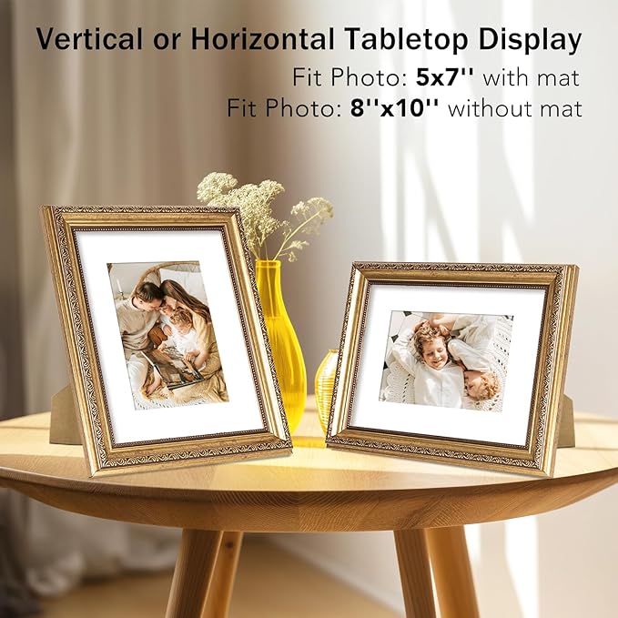 8x10 Vintage Picture Frame with 5x7 Mat Set of 2, Elegant Retro 8 by 10 Photo Frame with Shatter-Resistant Plexiglass for Wall or Tabletop Display, Gallery Decor & Gift, Gold, 2 Pack