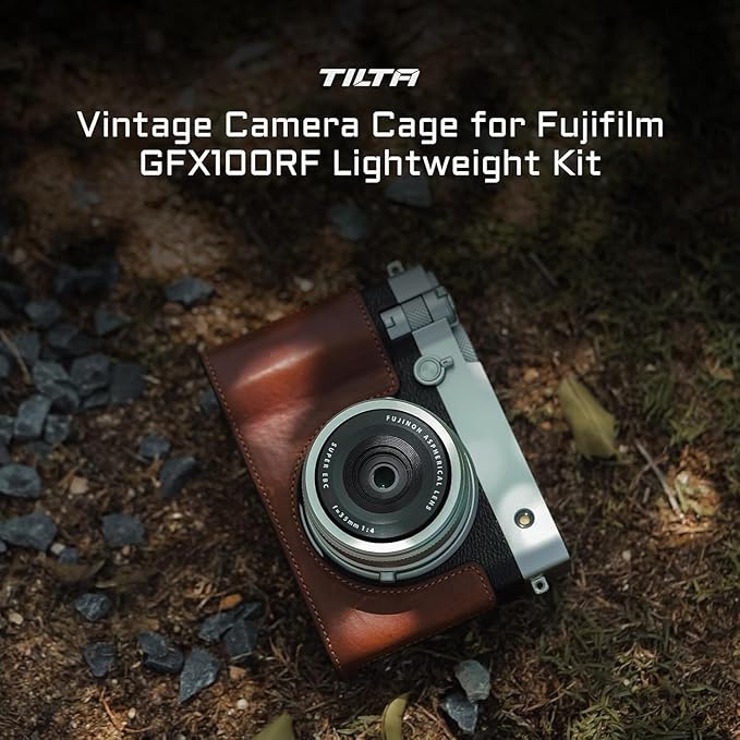 Tilta Vintage Camera Cage Compatible with Fujifilm GFX100RF – Lightweight Kit, Black | Includes Leather Camera Case (Brown) & Hot Shoe Thumb Bracket | Custom Grip Design, Battery Access