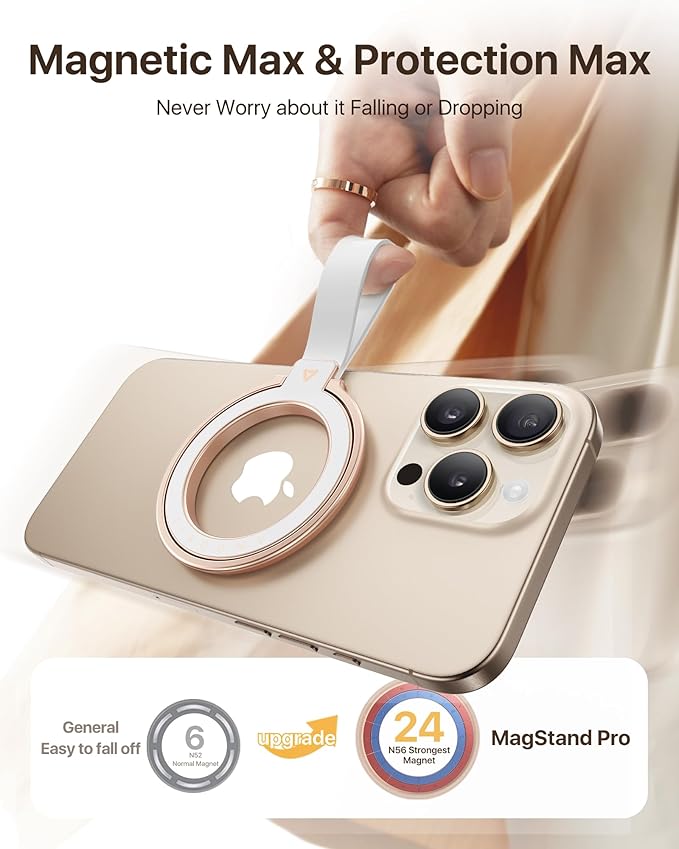 andobil [2025 Unrivaled Stability] Magnetic Phone Grip Holder for MagSafe Ring Stand Holder Kickstand Compatible with MagSafe Accessories for iPhone 17 Air 16 Pro Max Plus 15/14/13/12&Android,Rosegold