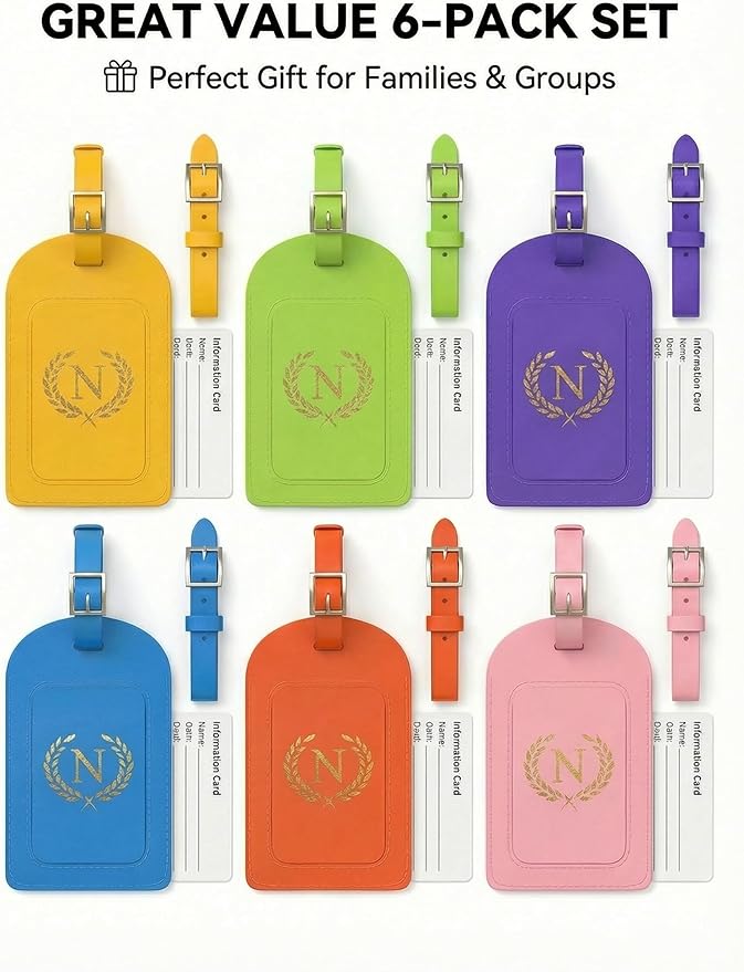 Luggage Tags for Suitcases 6 Pack PU Leather Travel Bag Tags with Privacy Cover & Stainless Steel Buckle, Vegan Leather Name ID Labels for Travel Bags, Cruise, Airline, Backpack, Baggage Identifier(N)