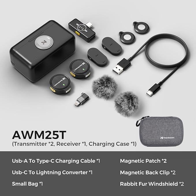 NearStream Wireless Lavalier Microphone for iPhone/Android, Lapel Microphone Wireless with Lightning/USB-C Plug-Play, Noise Cancellation, 24H Battery for Livestream, Vlog, Interview, Podcast (AWM25T)