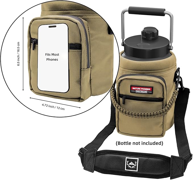 NATURE PIONEOR Water Bottle Holder with Adjustable Strap - Half/One Gallon (64/128oz) Insulated Water Bottle Sling Carrier with Phone Pocket & Paracord Handle, Outdoor Camping, Hiking, Gym