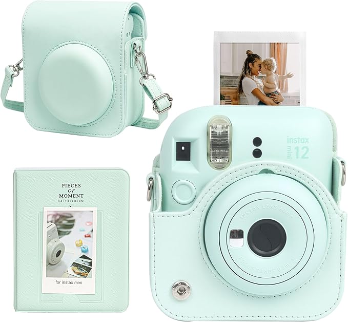 CAIYOULE Camera Case for Fujifilm Instax Mini 12 Instant Film Camera, Retro Leather Protective Camera Crossbody Bag for Fuji Mini 12 with Photo Album, Adjustable Shoulder Strap, Mint Gree-No Camera