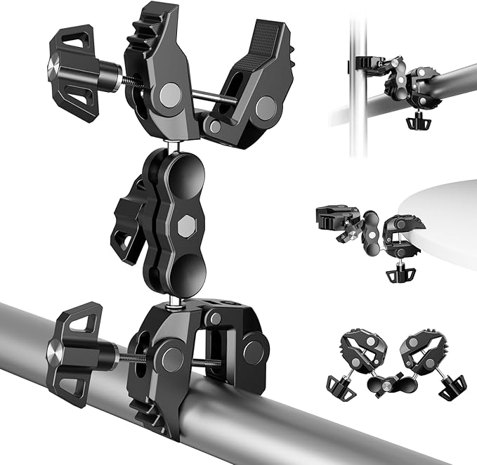 EMART Super Double Clamp Mount with Magic Arm, 360° Rotation Double Ball Head Umbrella Clamp, Perfect for Camera, Umbrella, Pole, Stand, Desk, Light, Motorcycle, Tripod, Chair, Crossbar, Flat Surface