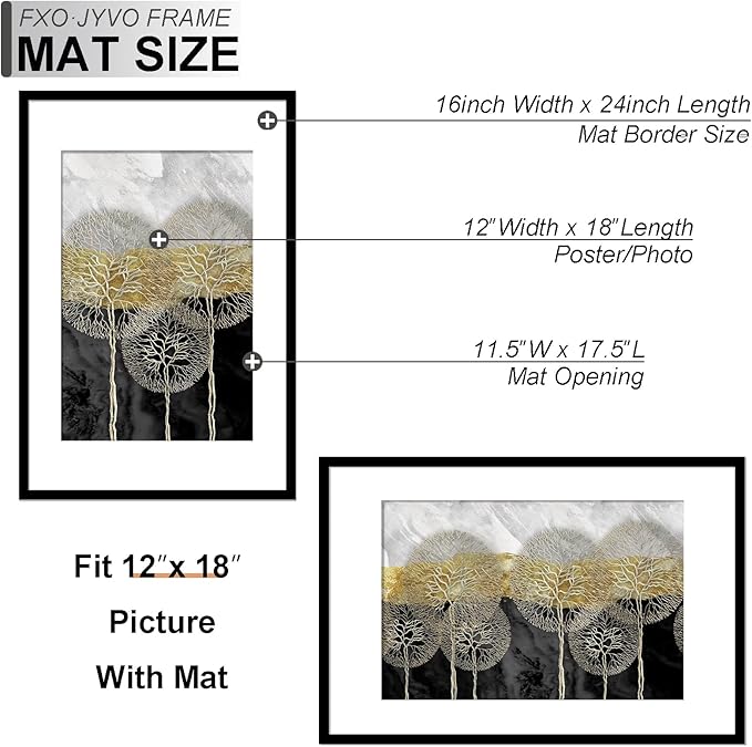 16x24 Picture Frame, Display Poster 12x18 with Mat or 16 x 24 Without Mat, Light Weight and High Transparent 16 by 24 Frame for Wall - 1 Pack/Black/16 x24