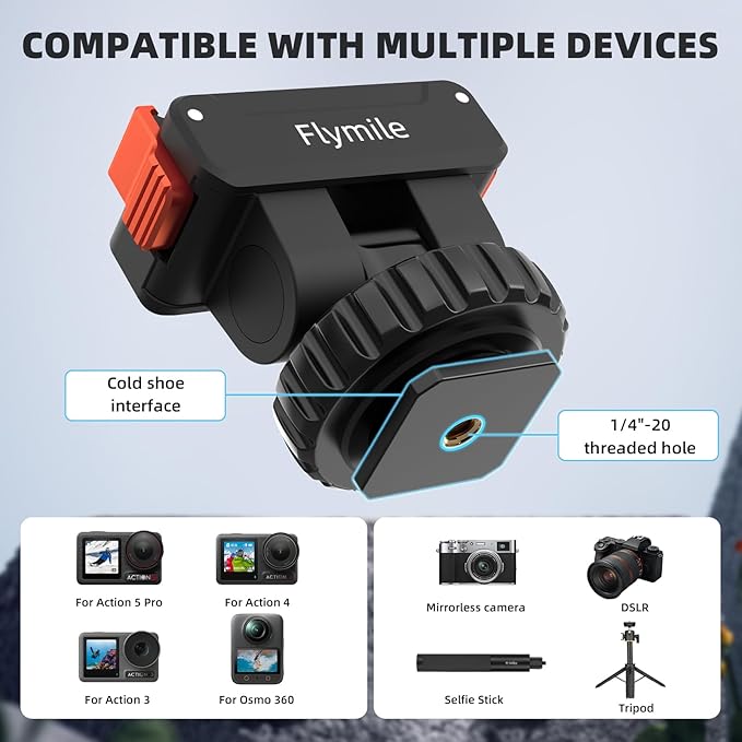 Action 5 Pro/4/3 Cold Shoe Adapter Mount, Magnetic Quick Release Holder for DJI Osmo 360, 180° Adjustable Cold Shoe Camera Adapter with 1/4" Screw Hole for DSLR Photography Accessories