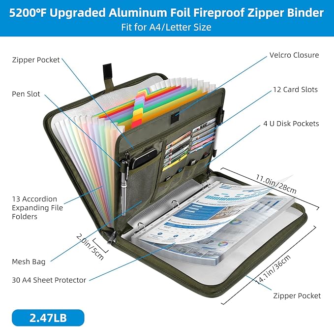 5200℉ Fireproof Document Organizer with 13 Accordion Expanding File Folder, Aluminum Foil Zipper Binder with 30 A4/Letter Sheet Protector, Binder for School Office Home Storage (Green)