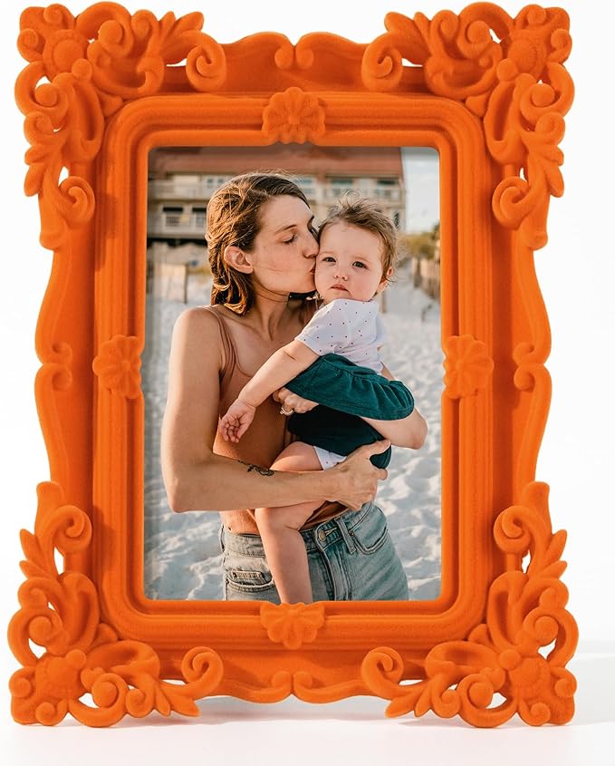 4x6 Orange Picture Frame for Drawings Prints, Small Colorful Decorative Frame with Real Glass/Stand, Retro Ornate Memorial Frame Gift for Wedding Baby Shower Retirement (Orange)