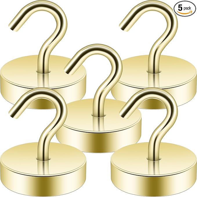 Neosmuk Magnetic Hooks, Cruise Ship Essentials, 80lb+ Heavy Duty Magnetic Hooks for Cruise Cabins, Refrigerator, Grill, Hanging, and Travel | Extra Strong Must-Haves Magnet Hook,Gold, 5 Pack