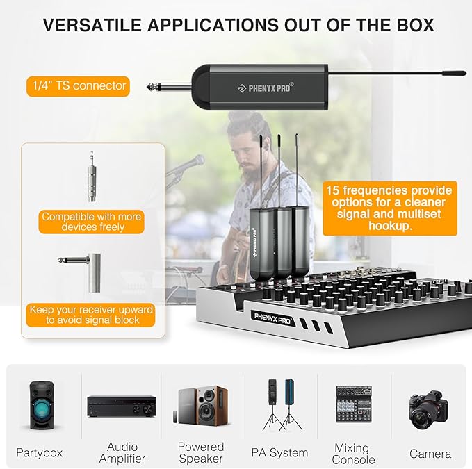 Phenyx Pro Single Digital Wireless Microphone System, w/Mini Receiver, Bodypack Transmitter,15 Channels in 900MHz UHF Band, Headset/Lapel Microphone for Karaoke, Singer, Church, Wedding (PDP-1-1B)