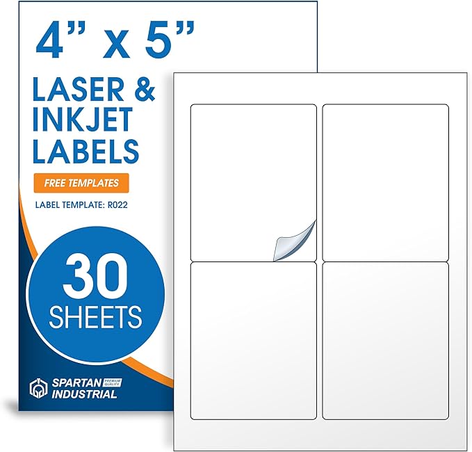 4" X 5" Matte White Printable Shipping Labels (30 Sheets, 120 Stickers) Address and Mailing Labels for Laser & Inkjet Printers - Spartan Industrial Template R022