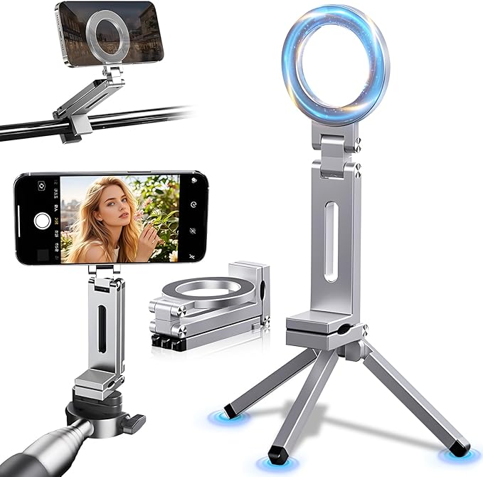 Magnetic Phone Tripod Stand,Tripods Mount Foldable,Magnetic Tripod Selfie Stick,Upgrade Mini Cell Phone Tripods Mount Handle Smartphone Desk Stand for Video Recording Travel,PhoneStand (Silver)