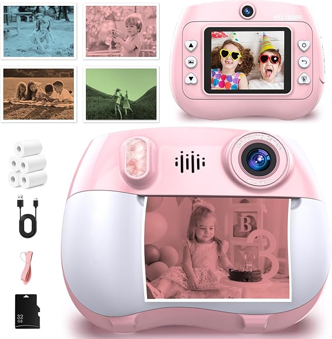 Kids Camera Instant Print 1080P Front Rear Dual Selfie - Toddler Cameras with Digital Video Games,32GB & 5-Colored Print Paper/ 250 Photos,Easy to Use & Great Toys Gifts for Boys Girls, Ages 3-12