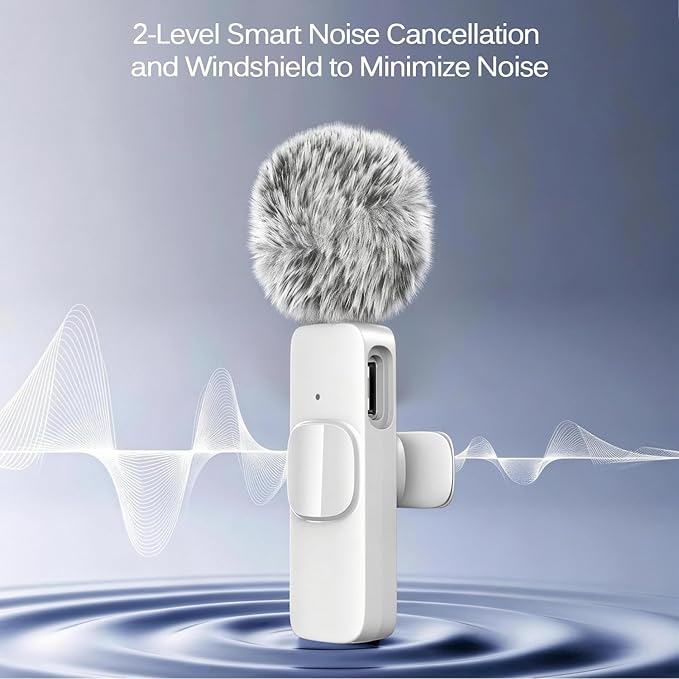 White Wireless Lavalier Microphone for iPhone & Android - Mini Clip-On Mic with Noise Cancellation 2 Pack Lapel Mic Plug and Play Wireless Mic for Video Recording Interview Podcast Vlog YouTube