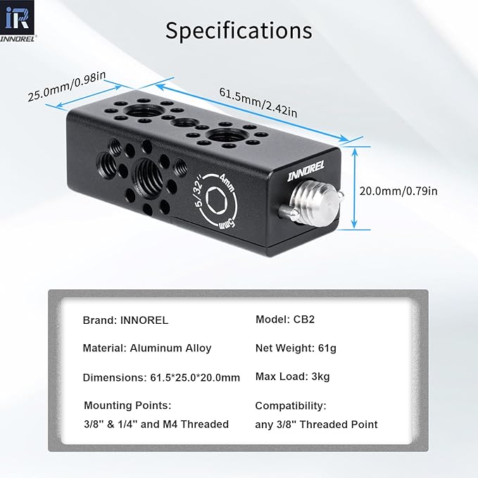 INNOREL CB2 CNC Aluminum Alloy Multi-Function Cheese Handle, Cheese Grip Extension Bar, Featuring 3/8" and 1/4" Arri Locating Holes for Camera Cage Frames, DIY Video Rigs, Any 3/8" Threaded Point