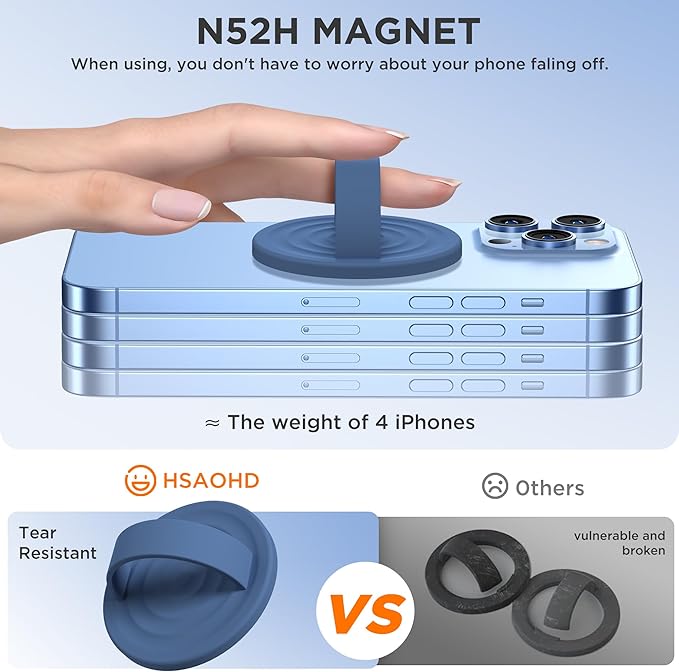 Upgraded Magnetic Phone Grip, Liquid Silicone Soft and Portable, Removable Finger Loop Ring Grip Holder for iPhone, Strong Magnetic Attraction, Compatible with MagSafe Phone Case, Azure Blue