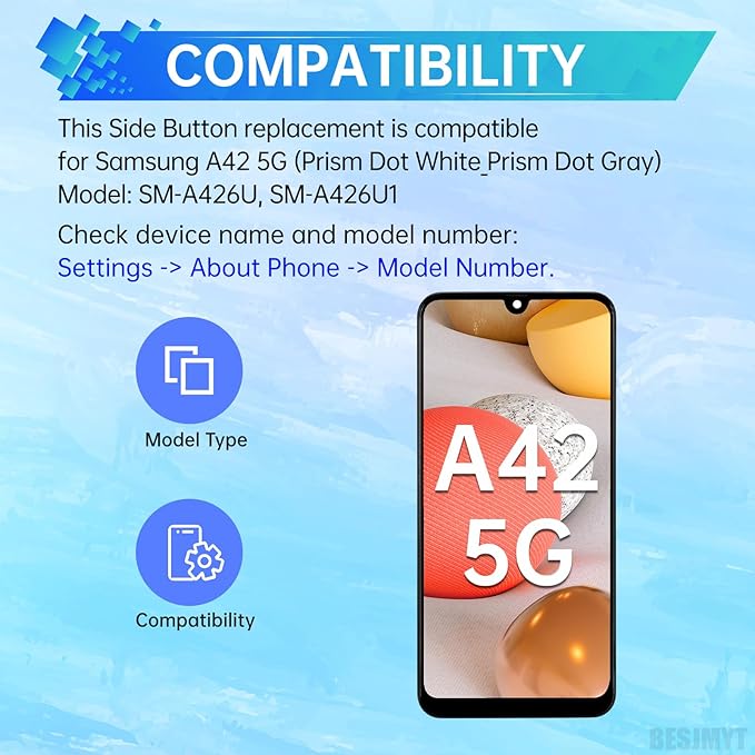Side Power Volume Button Replacement for Samsung Galaxy A42 5G Power On Off Switch Volume Button Replacement Side Key Button Repair SM-A426U SM-A426U1 Prism Dot White Prism Dot Gray