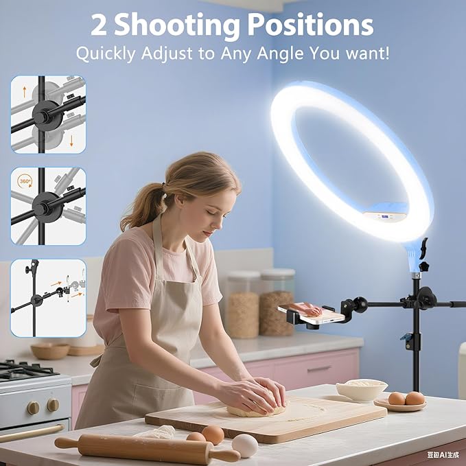 Ring Light 22inch Kit: Ring Light Tripod for iPhone ipad, with 75" Tripod/LCD Display/2 USB Ports Overhead Phone Mount for Video Recording, Zoom Meeting,YouTube,TikTok (Blue)