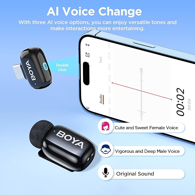 BOYA Mini Wireless Lavalier Microphone for iPhone16/15 Android,USB-C Ultra Mini Mic with Noise Reduction, AI Voice Change, Lapel Mics for Video Recording, Vlogging, TikTok, YouTube(2TX+RXU)