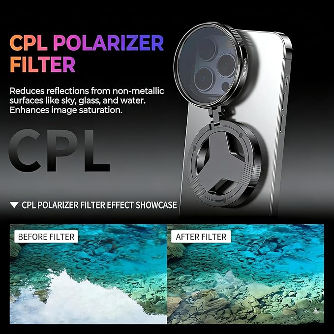 Anti-Glare Magnetic Phone Filter, 2"/52mm CPL Anti-Reflection Polarizing Filter, Quick Attach, Supports Stacking, for Outdoor Shooting, Glass Surfaces, Night Lighting Photography (B-Star Filter)