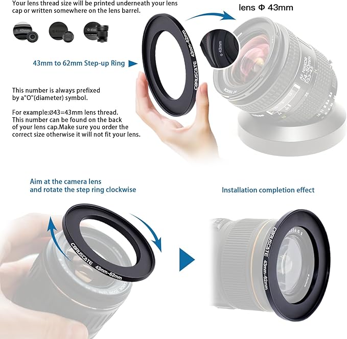 10Pcs Filter Ring Adapter Set, Lens Filter Metal Stepping Rings Compatible All Brands UV ND CPL (43-46mm,43-49mm,43-52mm,43-55mm,43-58mm,43-62mm,43-67mm,43-72mm,43-77mm,43-82mm)