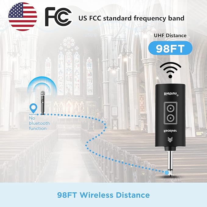 Bietrun Wireless Microphone, UHF Single Handheld Cordless Dynamic Metal Mic Set with Rechargeable Receiver, 1/4'' Plug Output, for Karaoke, Church, Wedding, Party Singing(98 ft Range)(Auto Connect)
