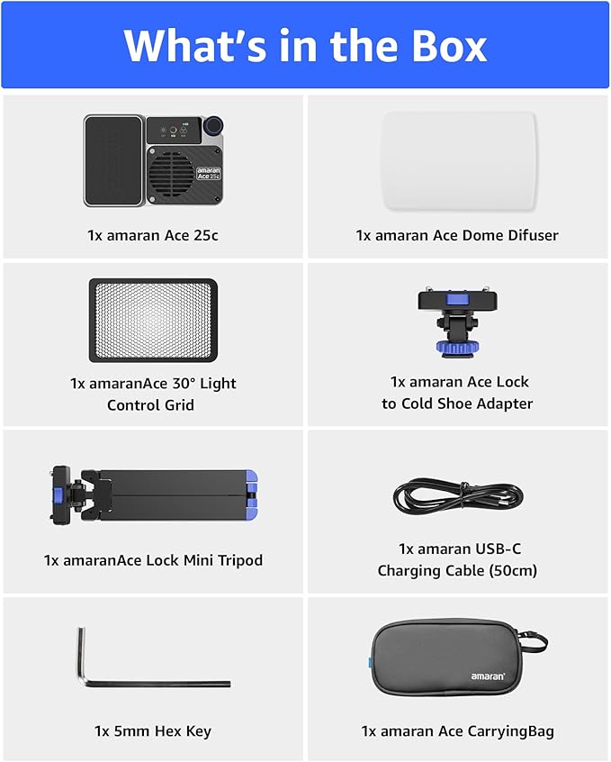 amaran Ace 25c Kit RGB Pocket LED Light,Boost Mode to 32W Mini On Camera Video Light,2300K~10000K Support Magnetic Attraction and App Control with Carrying Case,Mini Tripod,Grid (Silver)
