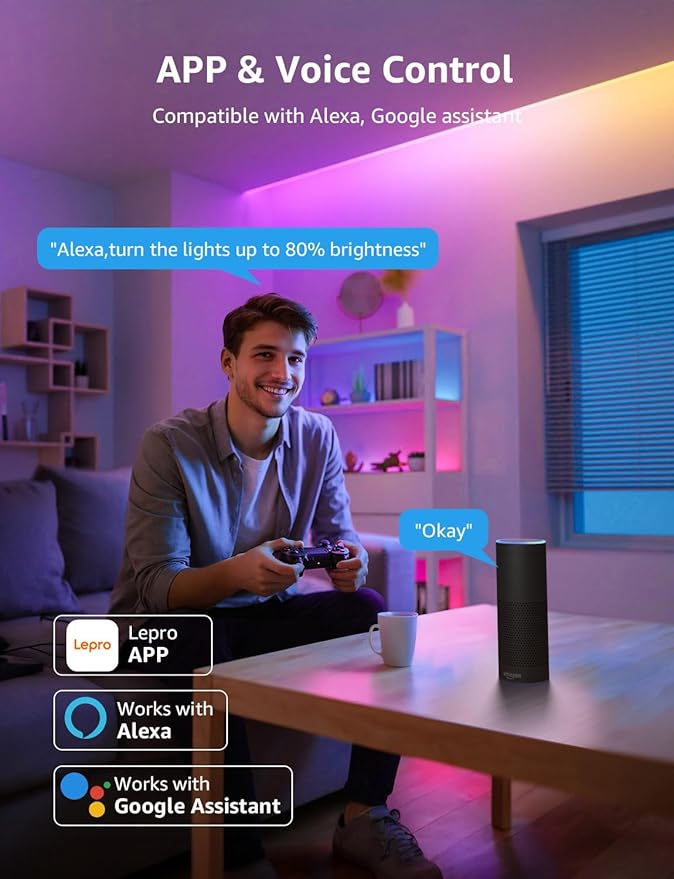 Lepro S1 AI LED Strip Lights for Bedroom - 100ft(2 Rolls of 50ft) Smart RGB Light Strips with IC and Rainbow Chasing Effects, Personalized Al Lighting Designer, No Remote, 2.4G Wi-Fi & Bluetooth