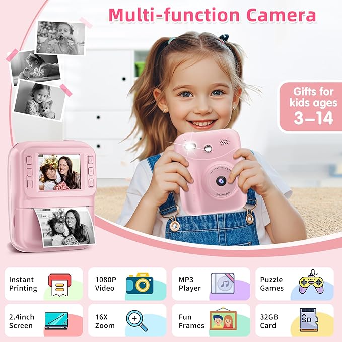 MINIBEAR Kids Camera Instant Print Camera for Kids Digital Camera Toddler Toys Christmas Birthday Gifts for 3 4 5 6 7 8 9 10 Year Old Girls Boys, Pink