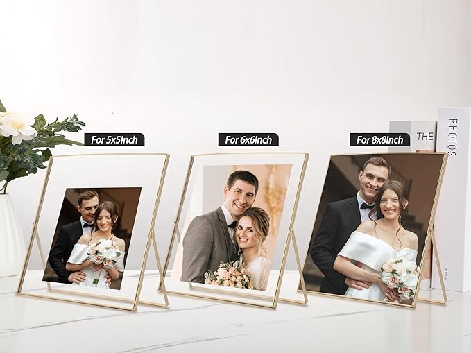 2-Pack Gold 8x8 Floating Photo Frames | Fits 6x6 Photos | Metal Beaded Design | Tabletop/Shelf Display | Elegant Wedding & Thanksgiving Gift