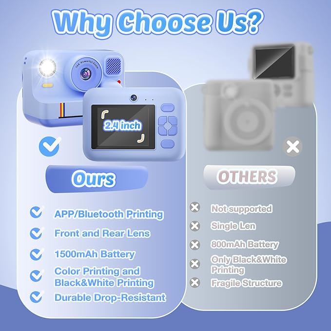 Instant Print Camera for Kids, App Printing, 1080P Video, Dual-Lens Selfie Digital Camera with 32G SD, Christmas Birthday Gifts for Girls Boys 4 5 6 7 8 9 10 11 12 Year Old, Toddler Toy_Blue