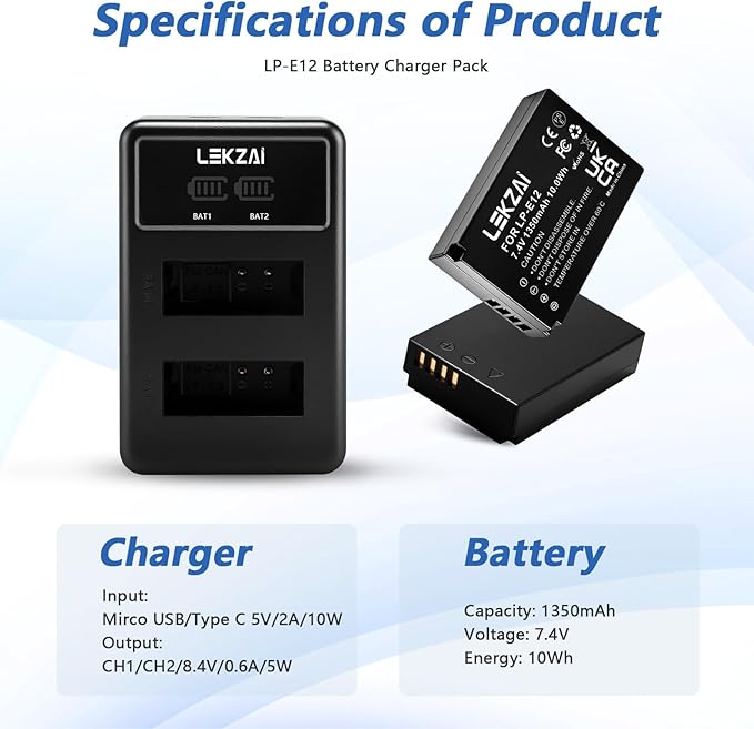 Lekzai LP-E12 Replacement Battery Pack and Dual Charger Compatible with Canon EOS M、M2、M10、M50、M50 Mark II、M100、EM200、EOS Rebel SL1、PowerShot SX70 HS Digital Cameras