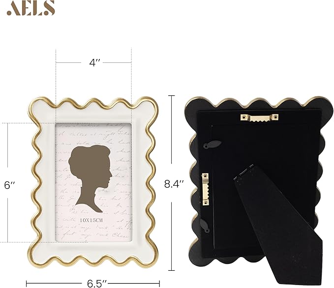 AELS 4x6 Inch Vintage Scalloped Picture Frame, Cream Whte and Gold Mid Century Modern Antique Photo Frames with Glass Front, Photo Display, Tabletop Wall Hanging, Gift Ideas