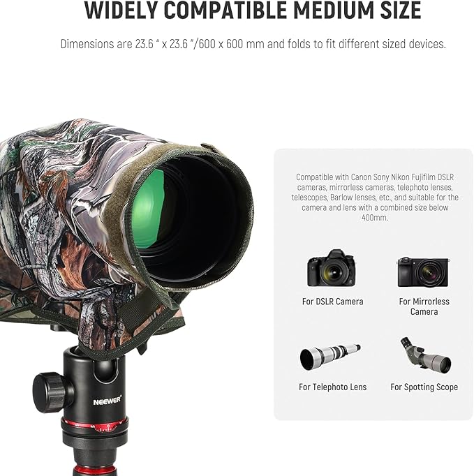 NEEWER Camera Rain Cover, M Medium Size Waterproof Raincoat Cover Sleeve for Canon Sony Nikon Fujifilm DSLR Camera & Lenses up to 200mm, Dual Sided Camouflage Green Camo Nylon, PB021