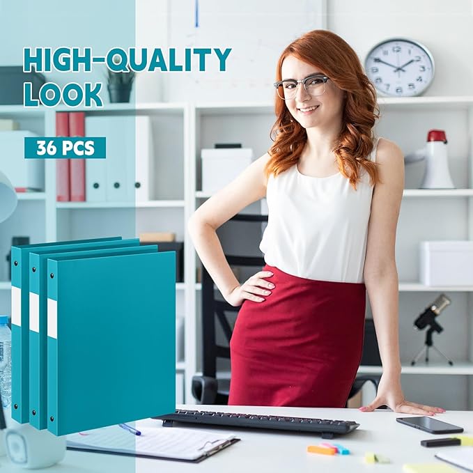 Henoyso 36 Pcs 3 Ring Binder 1/2'' Round Fits Letter Size 8.5'' x 11'' Paper Plastic Flexible Binder Holds 140 Sheets with 1 Pockets Versatile Organizer for Home Office School (Turquoise)