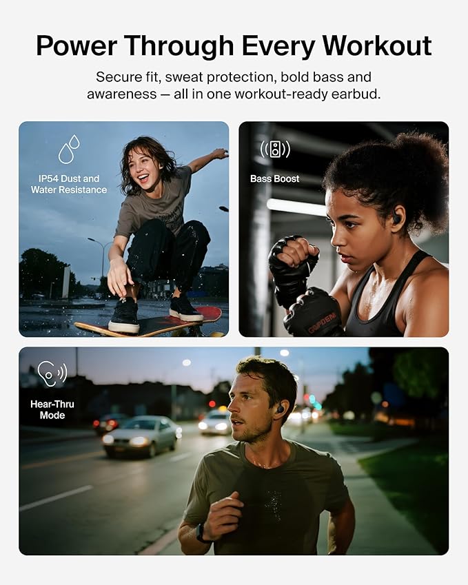 Belkin SoundForm ActiveFit Wireless Earbuds w/Built-in Microphone, USB C Fast Charging, 36H Battery Life, IP54 Water Resistance - Bluetooth Earbuds for iPhone, iPad, Galaxy, Pixel, & More - Black